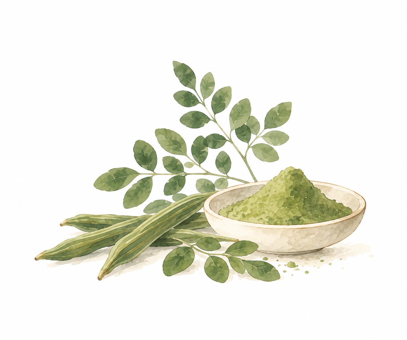 Moringa Leaf Powder botanical watercolor illustration