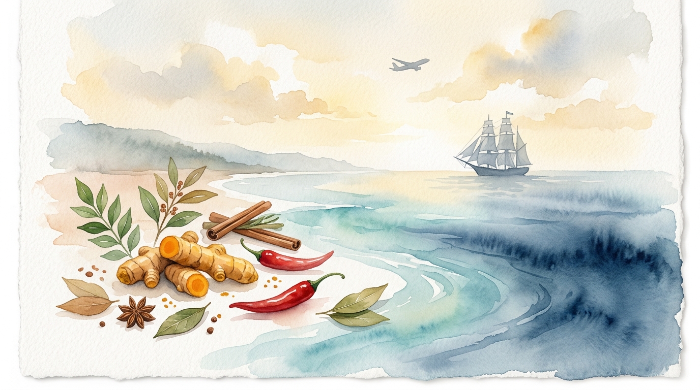 Fine watercolor and pastel illustration showing whole turmeric rhizomes, red chilli, and botanical leaves meeting ocean currents and global shipping horizons